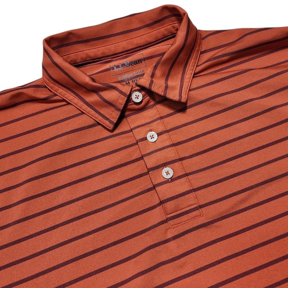 LL Bean Polo Mens M Orange Striped Performance Slightly Fitted Spandex 502256‎